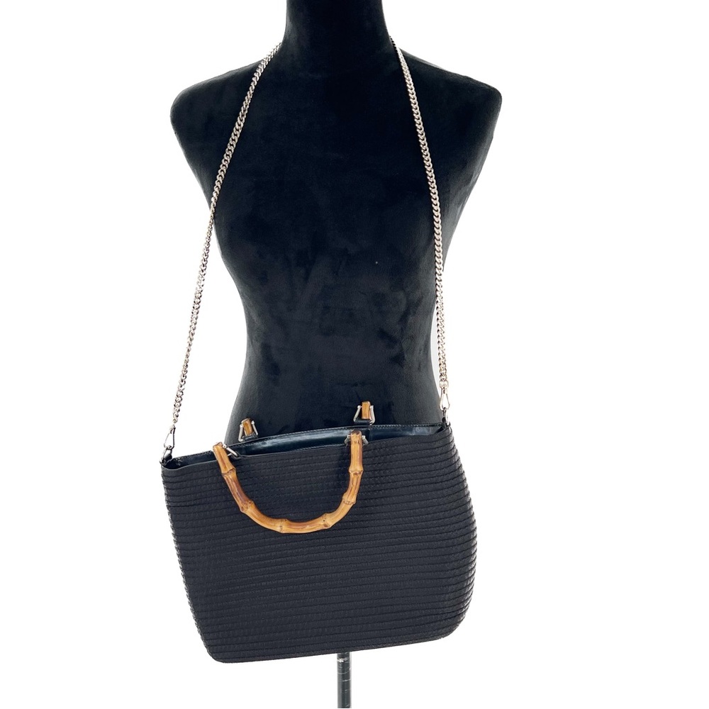 GUCCI Bamboo Handle Leather Trim Black Fabric 2-Way Tote Shoulder Bag Authentic - Picture 4 of 17